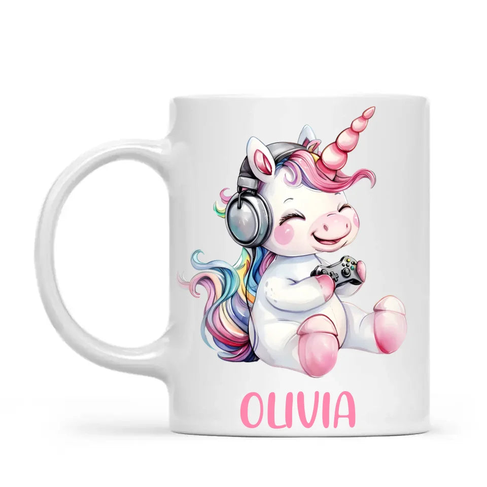 Personalised Gaming Unicorn Kids Cup - Custom Name Cup - 11oz, 6oz or Enamel Cup - Cute Gamer Unicorn Gift - NZ Made