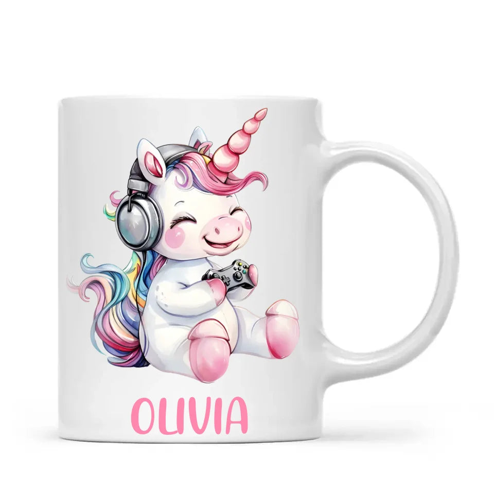 Personalised Gaming Unicorn Kids Cup - Custom Name Cup - 11oz, 6oz or Enamel Cup - Cute Gamer Unicorn Gift - NZ Made