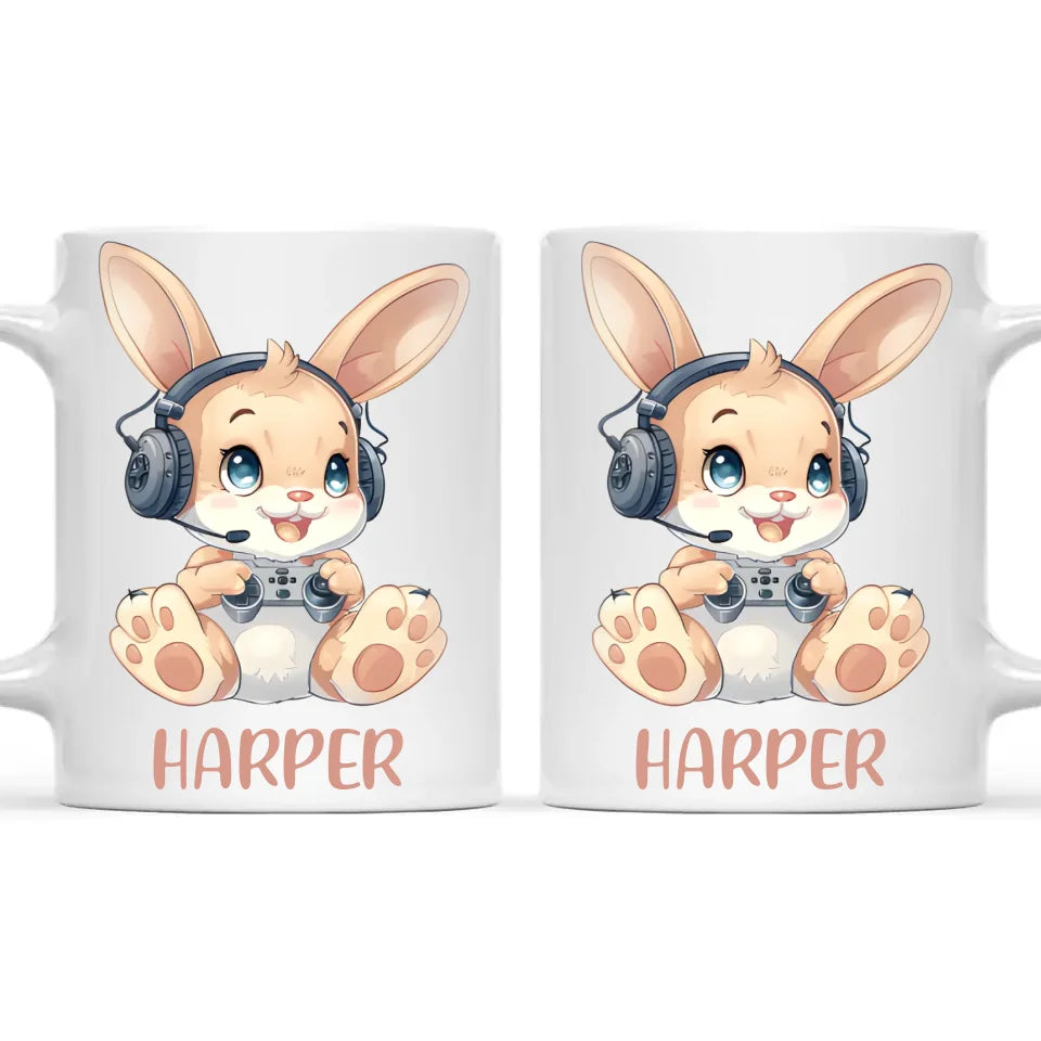Personalised Gaming Bunny Kids Cup - Custom Name Cup - 11oz, 6oz or Enamel Cup - Cute Gamer Rabbit Gift - NZ Made
