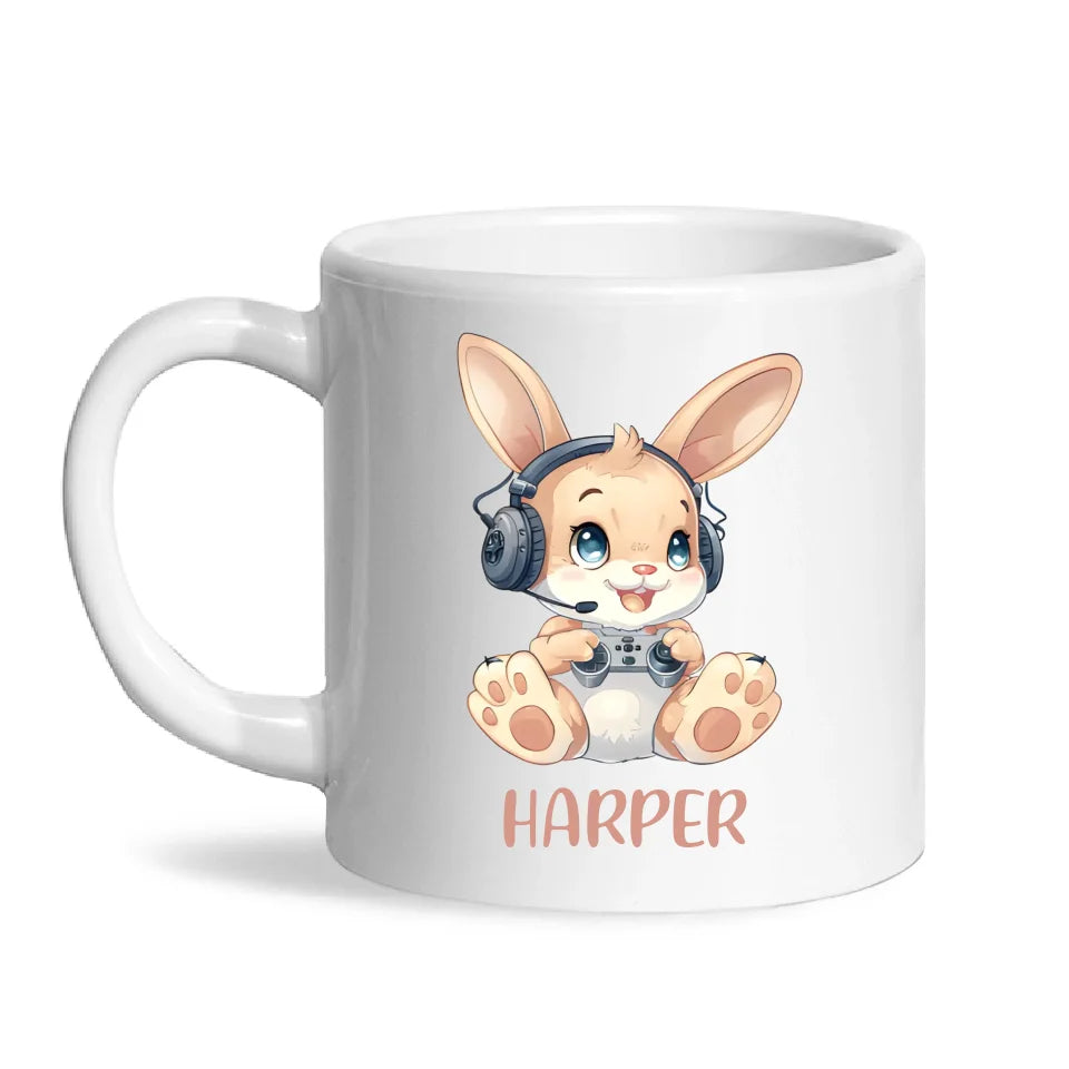 Personalised Gaming Bunny Kids Cup - Custom Name Cup - 11oz, 6oz or Enamel Cup - Cute Gamer Rabbit Gift - NZ Made