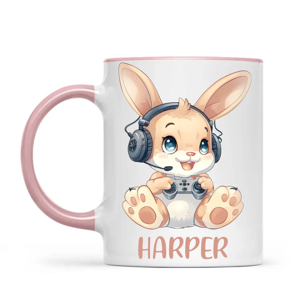 Personalised Gaming Bunny Kids Cup - Custom Name Cup - 11oz, 6oz or Enamel Cup - Cute Gamer Rabbit Gift - NZ Made