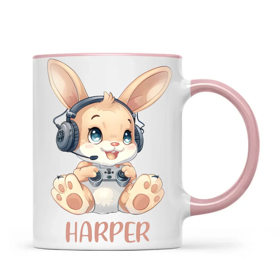 Personalised Gaming Bunny Kids Cup - Custom Name Cup - 11oz, 6oz or Enamel Cup - Cute Gamer Rabbit Gift - NZ Made