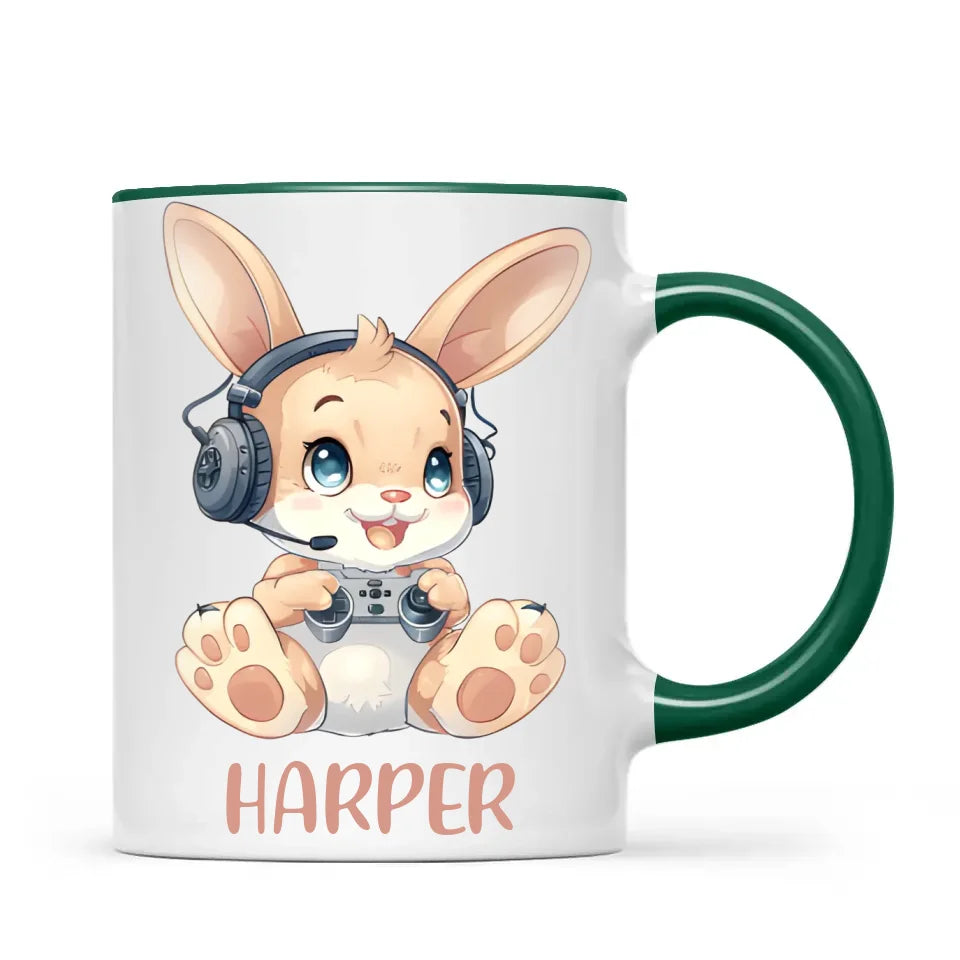 Personalised Gaming Bunny Kids Cup - Custom Name Cup - 11oz, 6oz or Enamel Cup - Cute Gamer Rabbit Gift - NZ Made