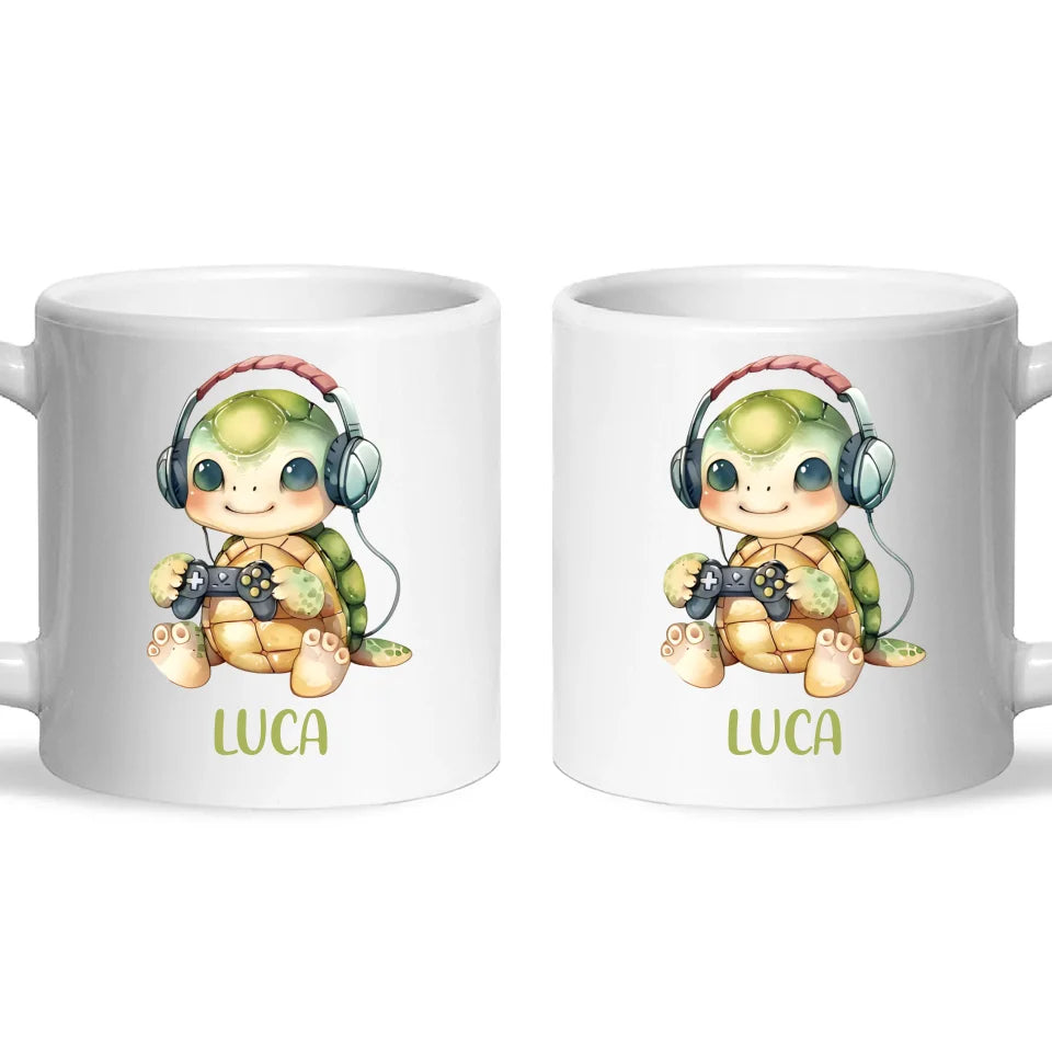 Personalised Gaming Turtle Kids Cup - Custom Name Cup - 11oz, 6oz or Enamel Cup - Cute Gamer Turtle Gift - NZ Made