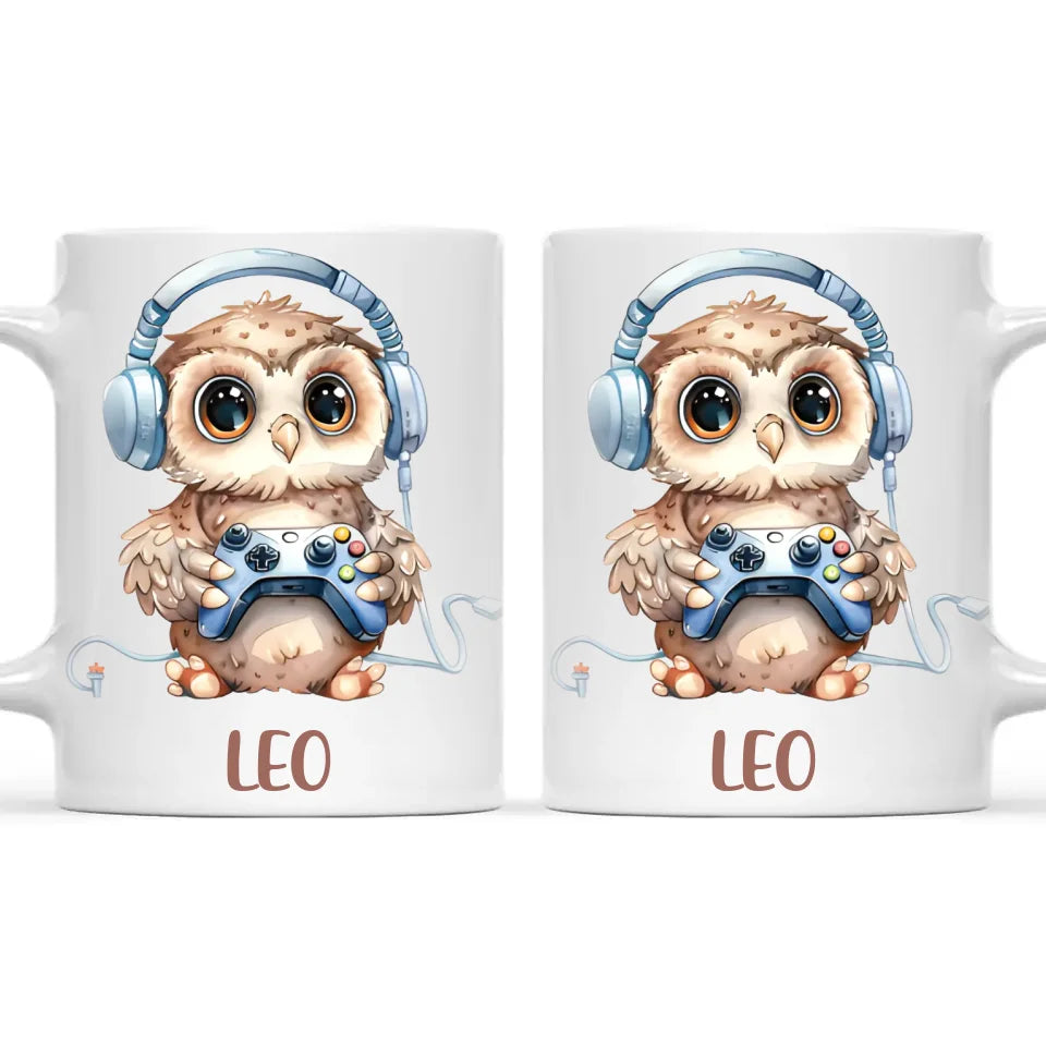 Personalised Gaming Owl Kids Cup - Custom Name Cup - 11oz, 6oz or Enamel Cup - Cute Owl Gamer Gift - NZ Made