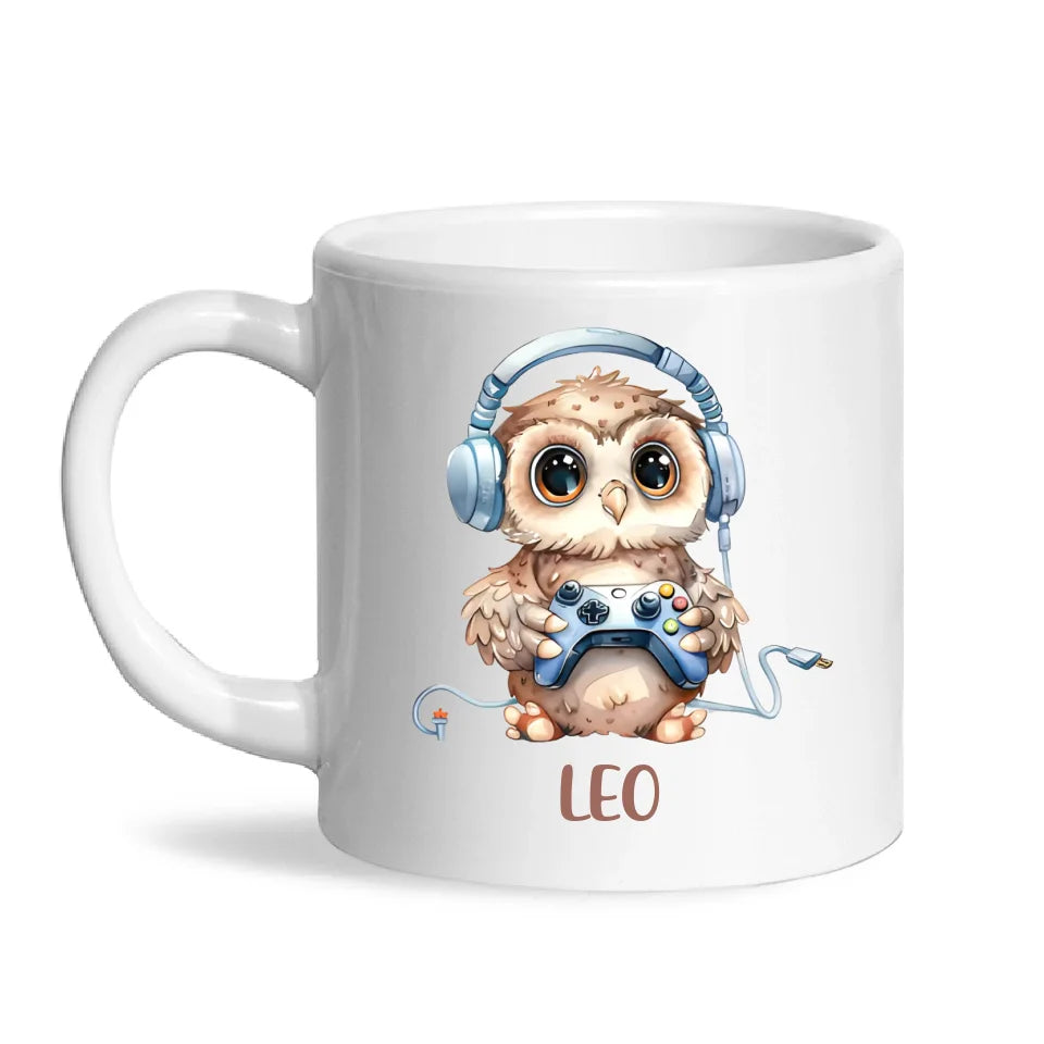 Personalised Gaming Owl Kids Cup - Custom Name Cup - 11oz, 6oz or Enamel Cup - Cute Owl Gamer Gift - NZ Made