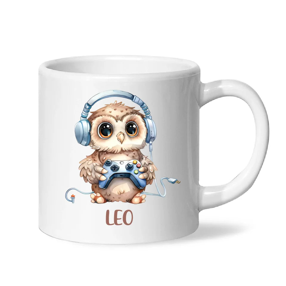 Personalised Gaming Owl Kids Cup - Custom Name Cup - 11oz, 6oz or Enamel Cup - Cute Owl Gamer Gift - NZ Made