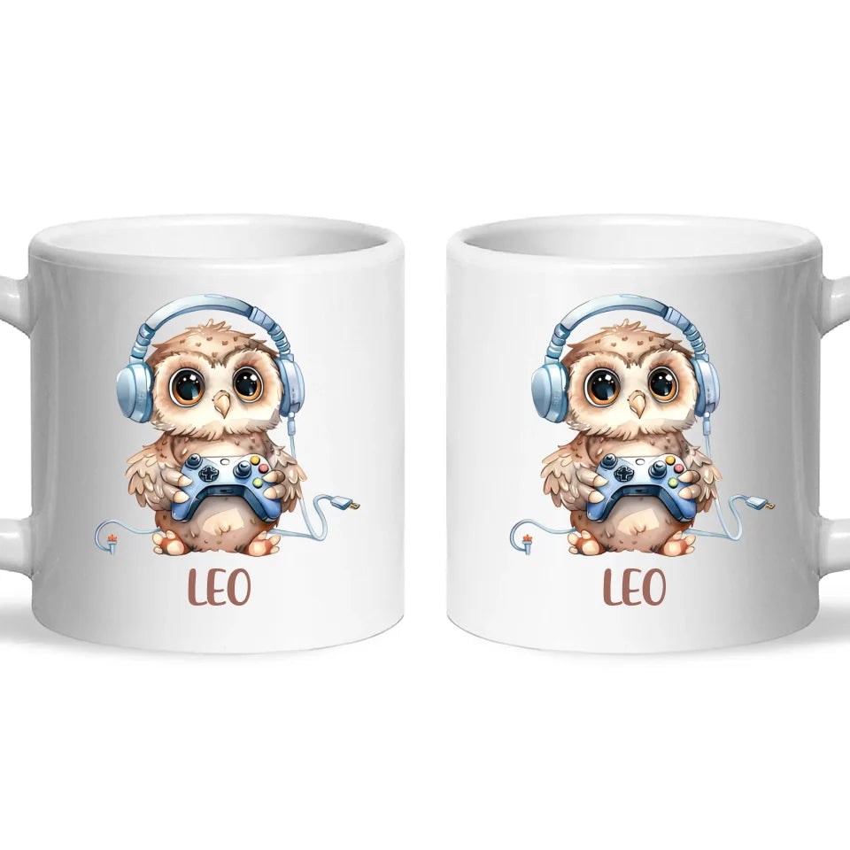 Personalised Gaming Owl Kids Cup - Custom Name Cup - 11oz, 6oz or Enamel Cup - Cute Owl Gamer Gift - NZ Made