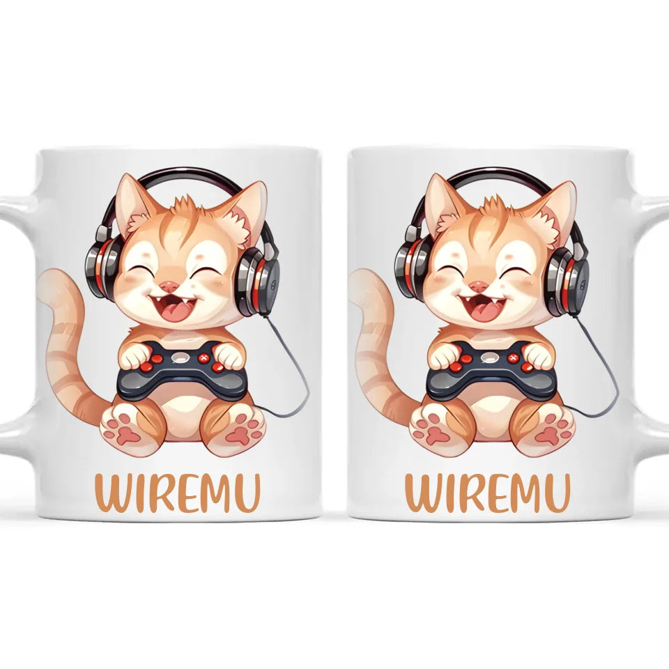 Personalised Gaming Cat Kids Cup - Custom Name Mug - 11oz, 6oz or Enamel - Cute Gamer Cat Gift - NZ Made