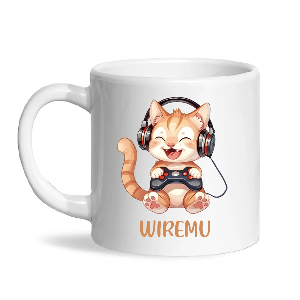 Personalised Gaming Cat Kids Cup - Custom Name Mug - 11oz, 6oz or Enamel - Cute Gamer Cat Gift - NZ Made