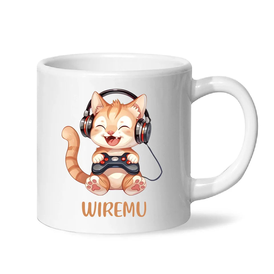 Personalised Gaming Cat Kids Cup - Custom Name Mug - 11oz, 6oz or Enamel - Cute Gamer Cat Gift - NZ Made