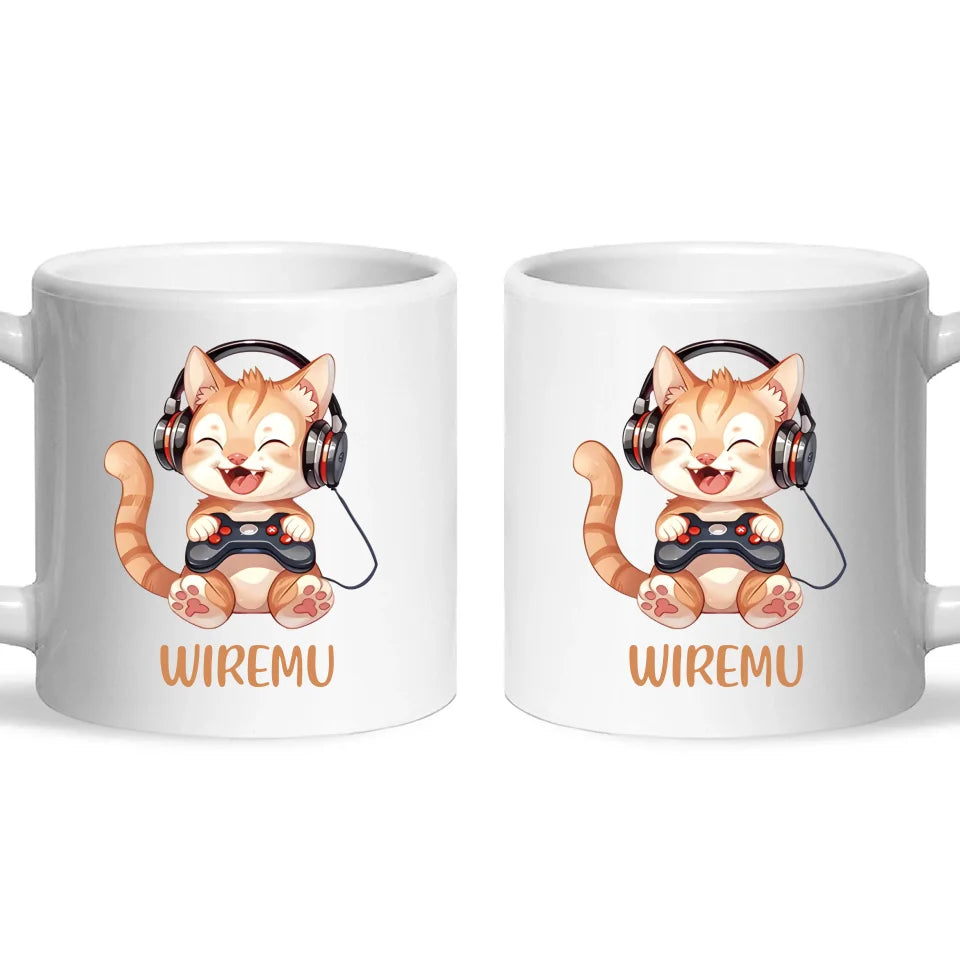Personalised Gaming Cat Kids Cup - Custom Name Mug - 11oz, 6oz or Enamel - Cute Gamer Cat Gift - NZ Made