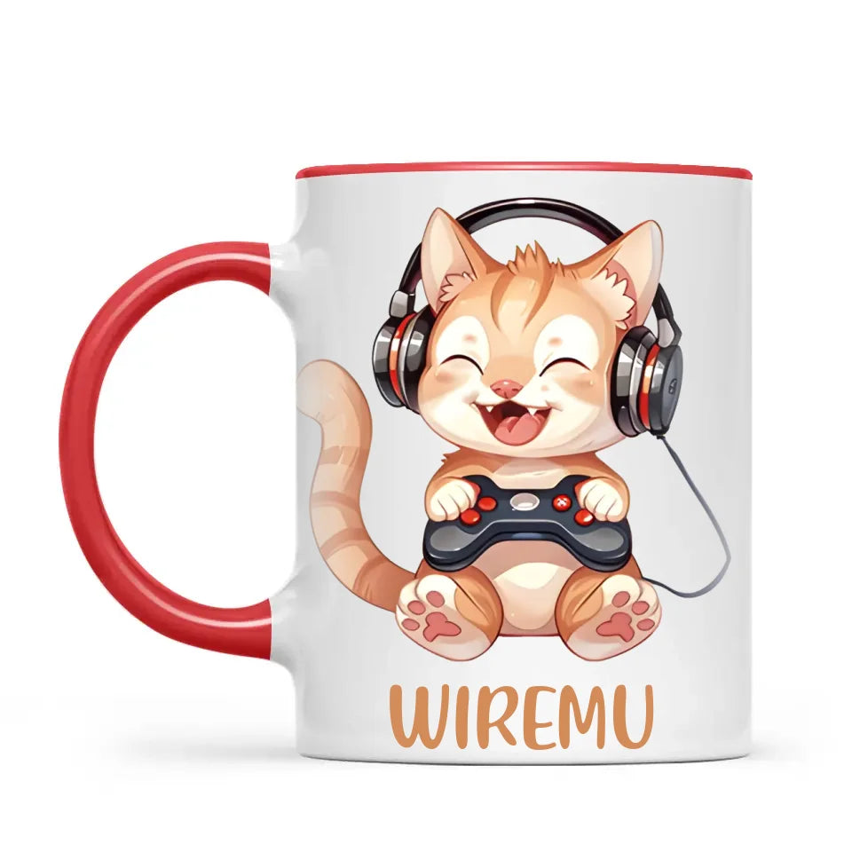 Personalised Gaming Cat Kids Cup - Custom Name Mug - 11oz, 6oz or Enamel - Cute Gamer Cat Gift - NZ Made