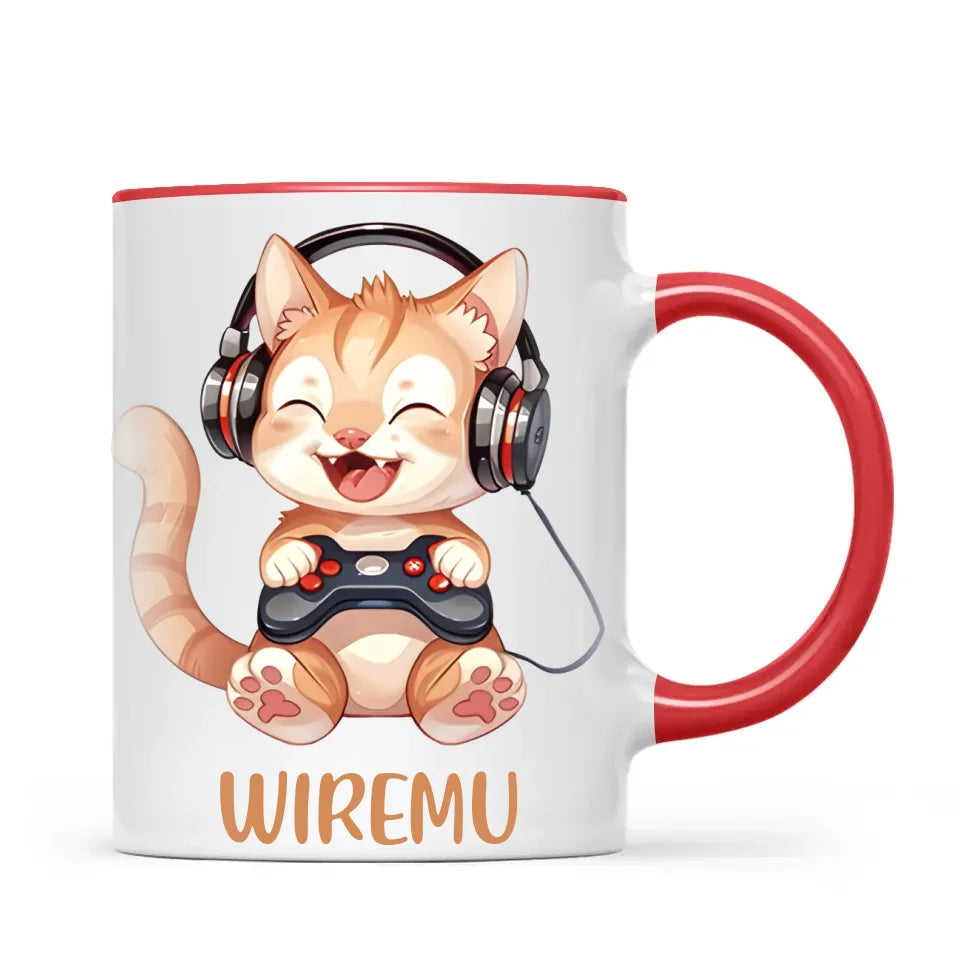 Personalised Gaming Cat Kids Cup - Custom Name Mug - 11oz, 6oz or Enamel - Cute Gamer Cat Gift - NZ Made