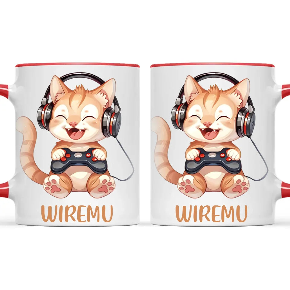 Personalised Gaming Cat Kids Cup - Custom Name Mug - 11oz, 6oz or Enamel - Cute Gamer Cat Gift - NZ Made
