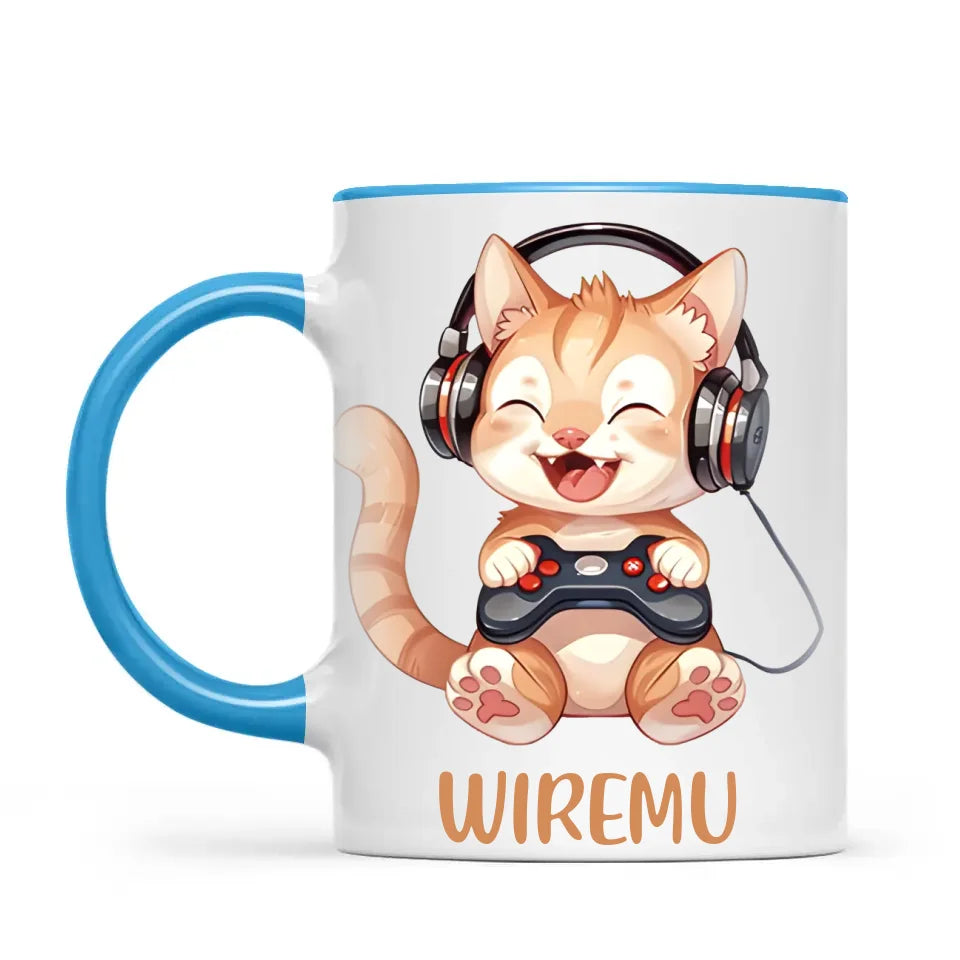 Personalised Gaming Cat Kids Cup - Custom Name Mug - 11oz, 6oz or Enamel - Cute Gamer Cat Gift - NZ Made