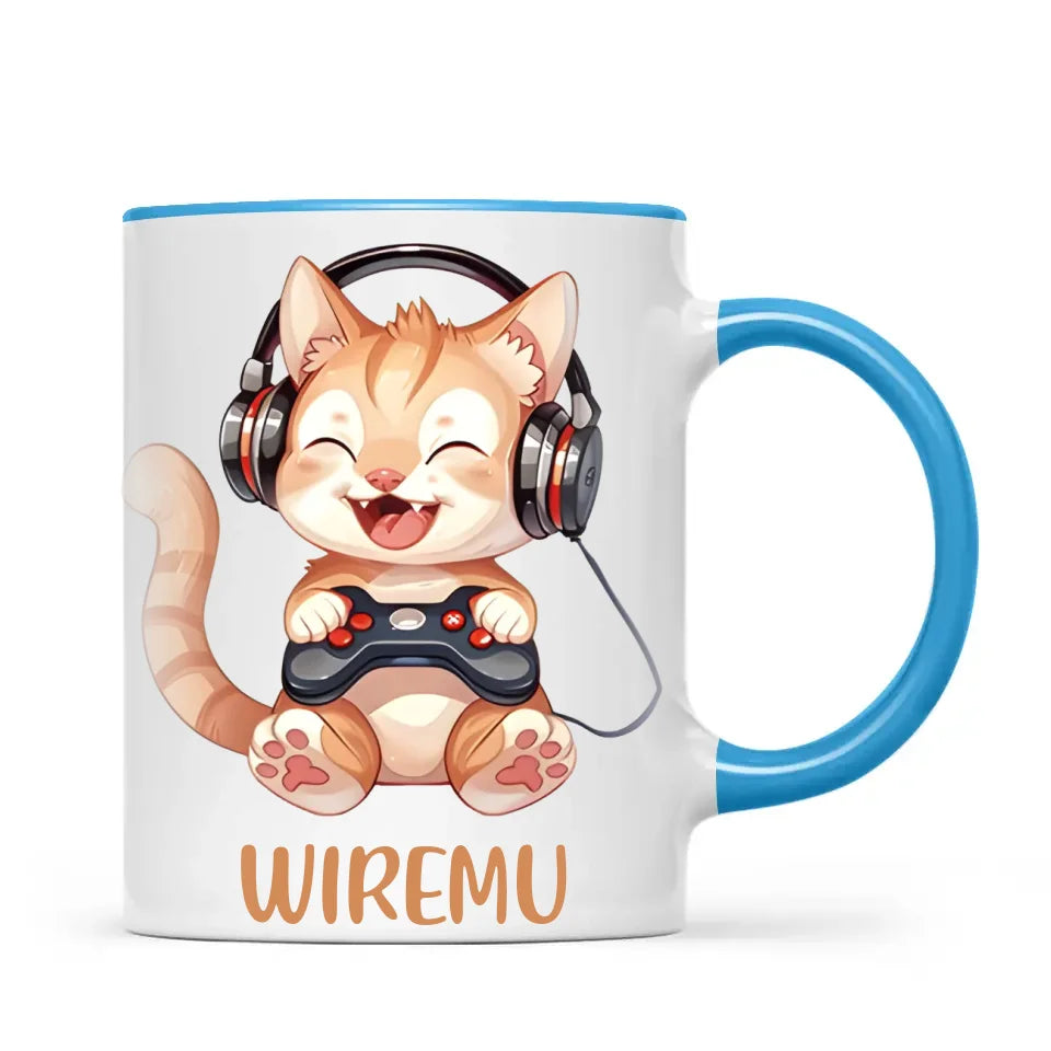 Personalised Gaming Cat Kids Cup - Custom Name Mug - 11oz, 6oz or Enamel - Cute Gamer Cat Gift - NZ Made