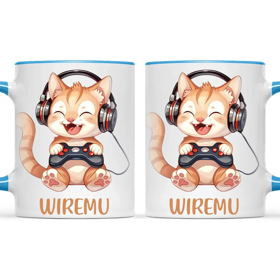 Personalised Gaming Cat Kids Cup - Custom Name Mug - 11oz, 6oz or Enamel - Cute Gamer Cat Gift - NZ Made