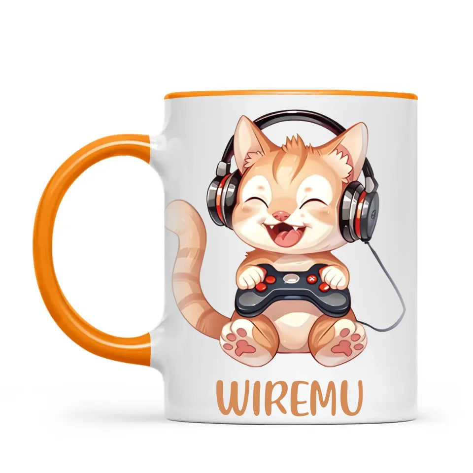 Personalised Gaming Cat Kids Cup - Custom Name Mug - 11oz, 6oz or Enamel - Cute Gamer Cat Gift - NZ Made
