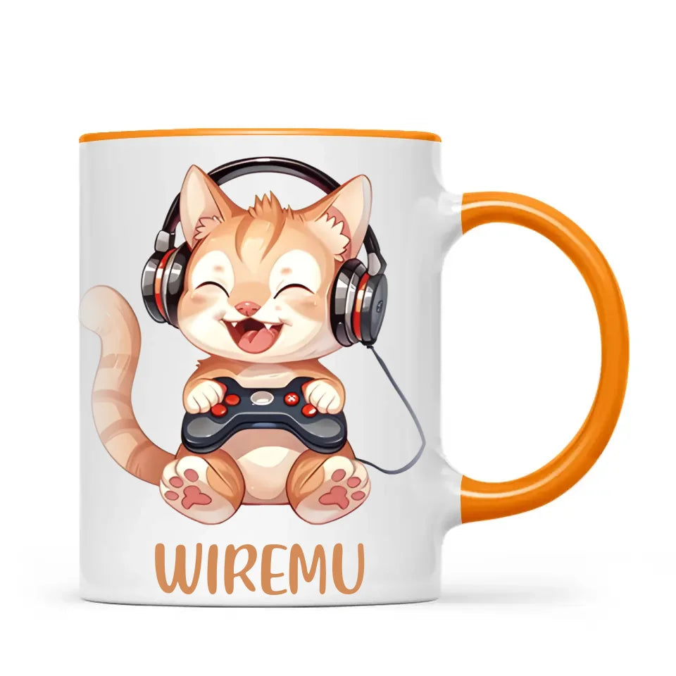 Personalised Gaming Cat Kids Cup - Custom Name Mug - 11oz, 6oz or Enamel - Cute Gamer Cat Gift - NZ Made