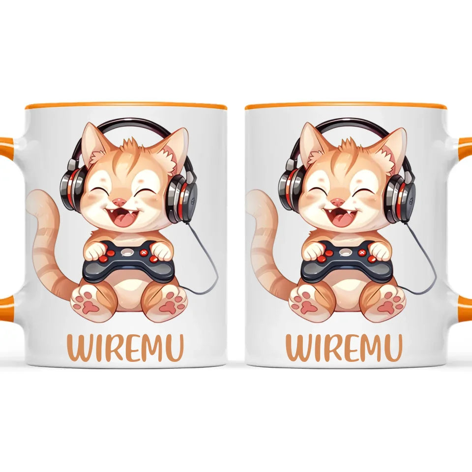 Personalised Gaming Cat Kids Cup - Custom Name Mug - 11oz, 6oz or Enamel - Cute Gamer Cat Gift - NZ Made