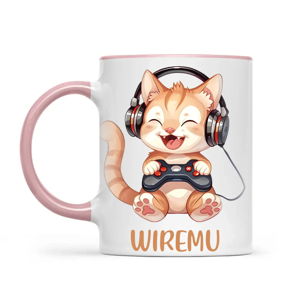 Personalised Gaming Cat Kids Cup - Custom Name Mug - 11oz, 6oz or Enamel - Cute Gamer Cat Gift - NZ Made