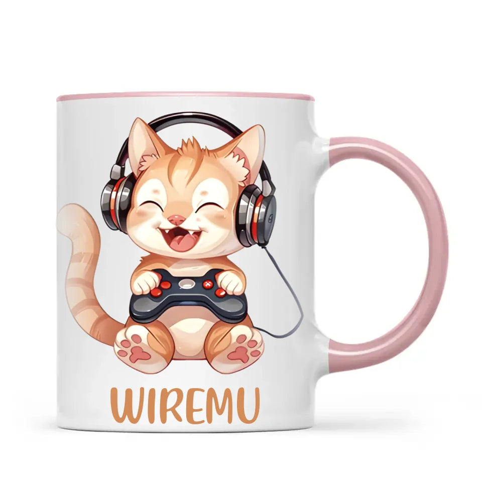 Personalised Gaming Cat Kids Cup - Custom Name Mug - 11oz, 6oz or Enamel - Cute Gamer Cat Gift - NZ Made