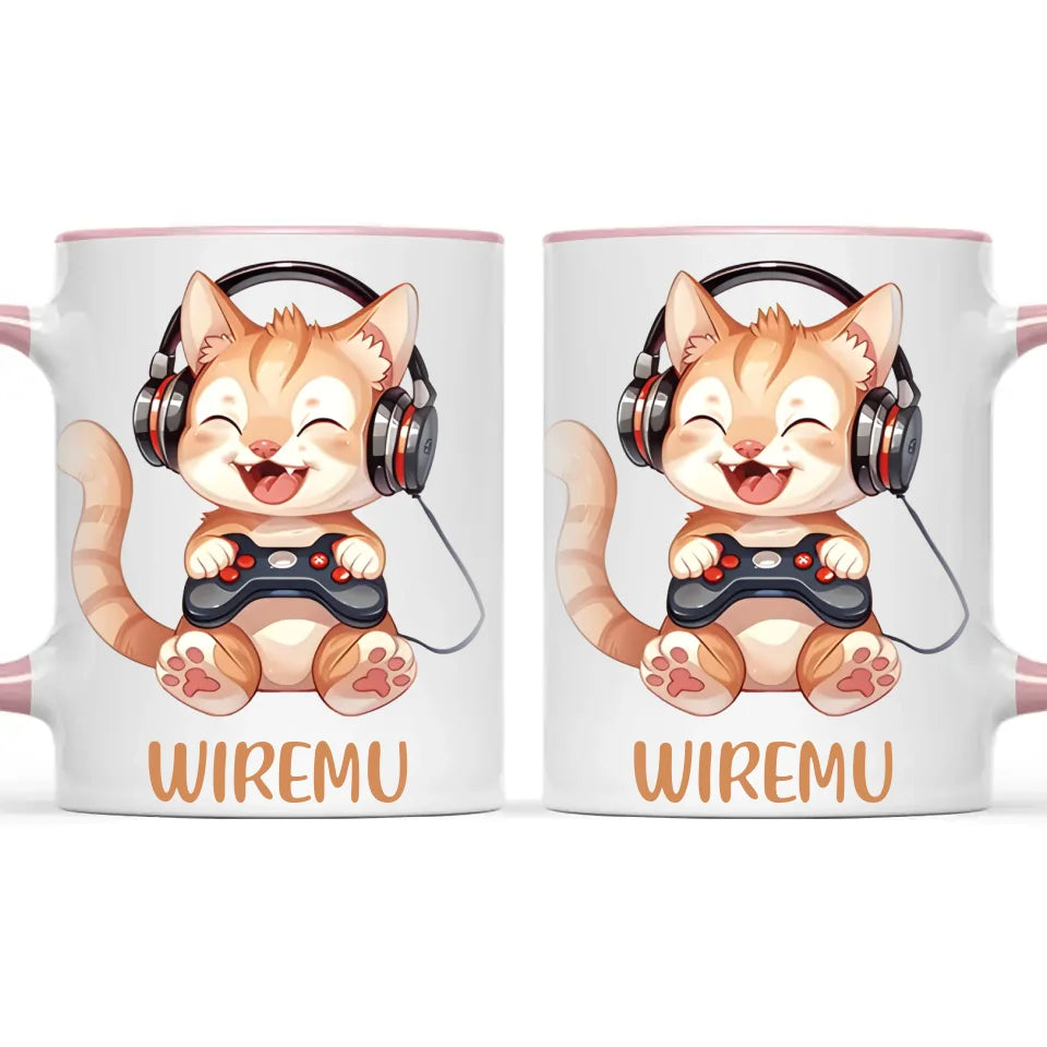 Personalised Gaming Cat Kids Cup - Custom Name Mug - 11oz, 6oz or Enamel - Cute Gamer Cat Gift - NZ Made