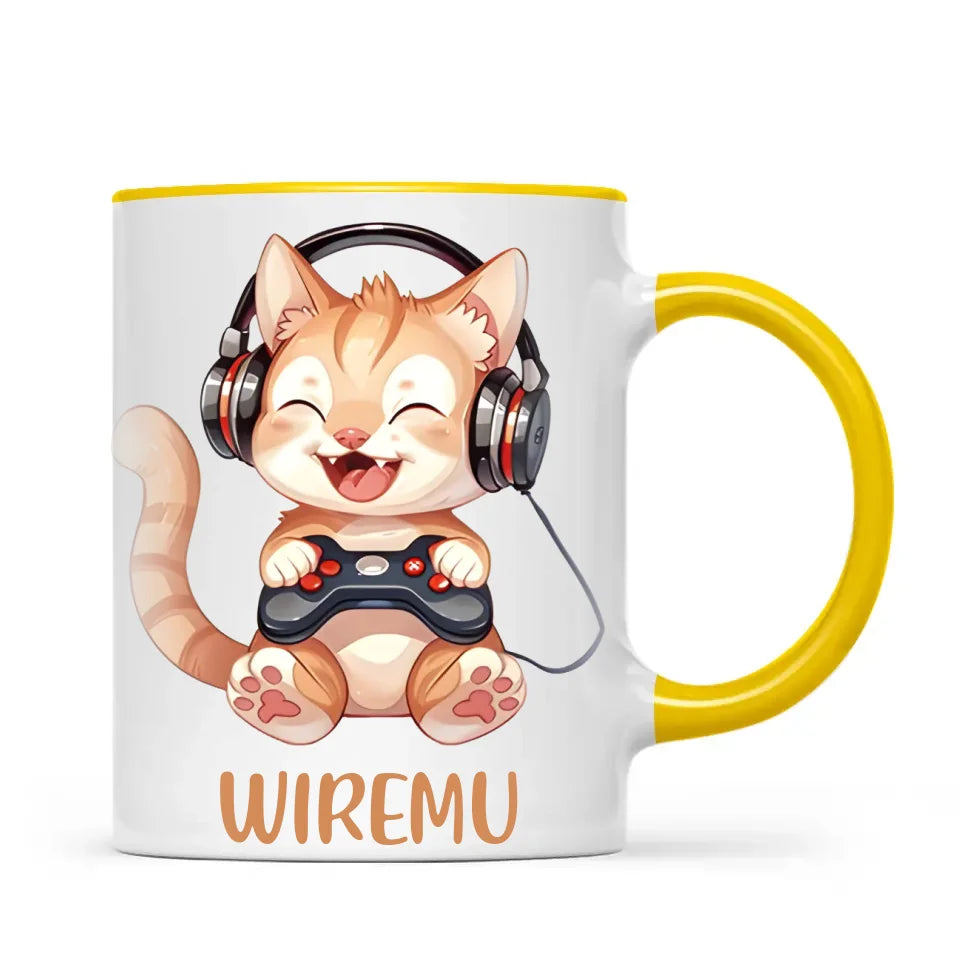 Personalised Gaming Cat Kids Cup - Custom Name Mug - 11oz, 6oz or Enamel - Cute Gamer Cat Gift - NZ Made