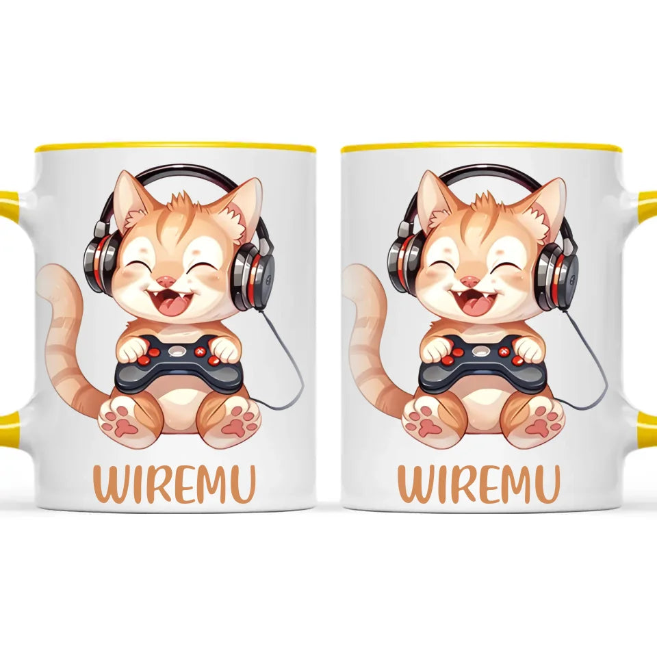 Personalised Gaming Cat Kids Cup - Custom Name Mug - 11oz, 6oz or Enamel - Cute Gamer Cat Gift - NZ Made