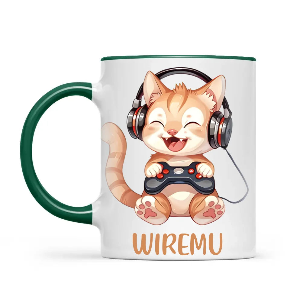 Personalised Gaming Cat Kids Cup - Custom Name Mug - 11oz, 6oz or Enamel - Cute Gamer Cat Gift - NZ Made