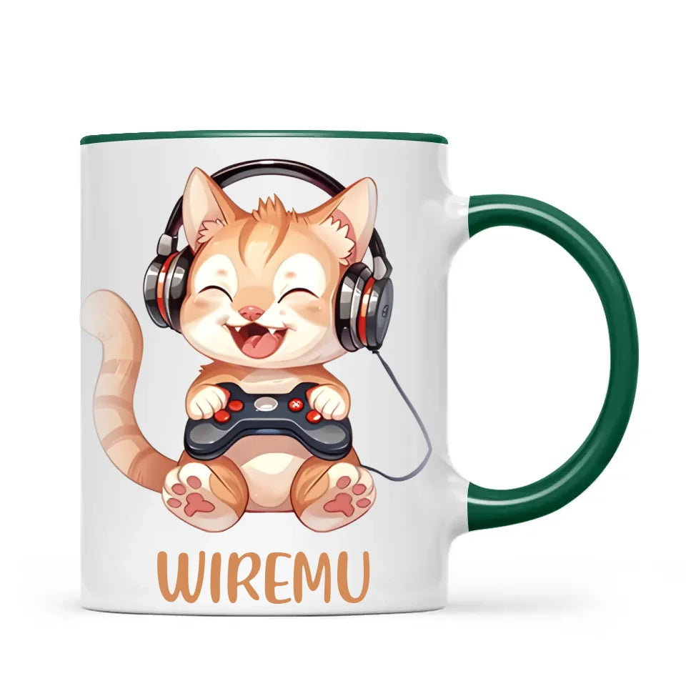 Personalised Gaming Cat Kids Cup - Custom Name Mug - 11oz, 6oz or Enamel - Cute Gamer Cat Gift - NZ Made