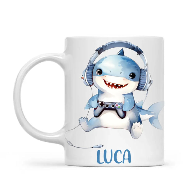 Personalised Gaming Shark Kids Cup - Custom Name Cup - 11oz, 6oz or Enamel - Cute Gamer Shark Gift - NZ Made