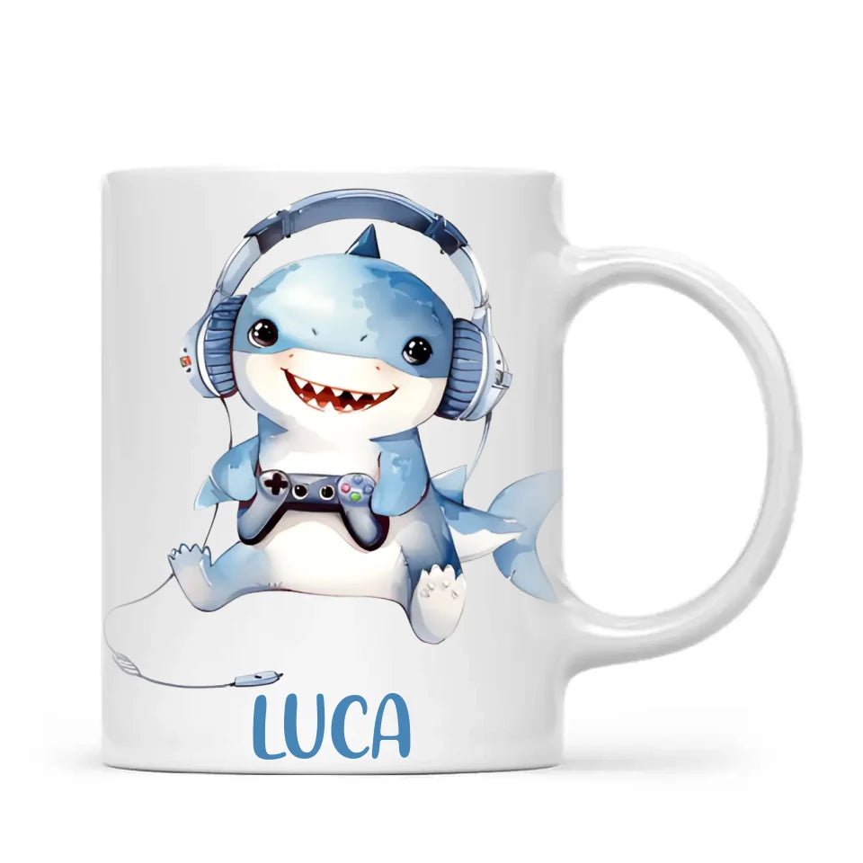 Personalised Gaming Shark Kids Cup - Custom Name Cup - 11oz, 6oz or Enamel - Cute Gamer Shark Gift - NZ Made
