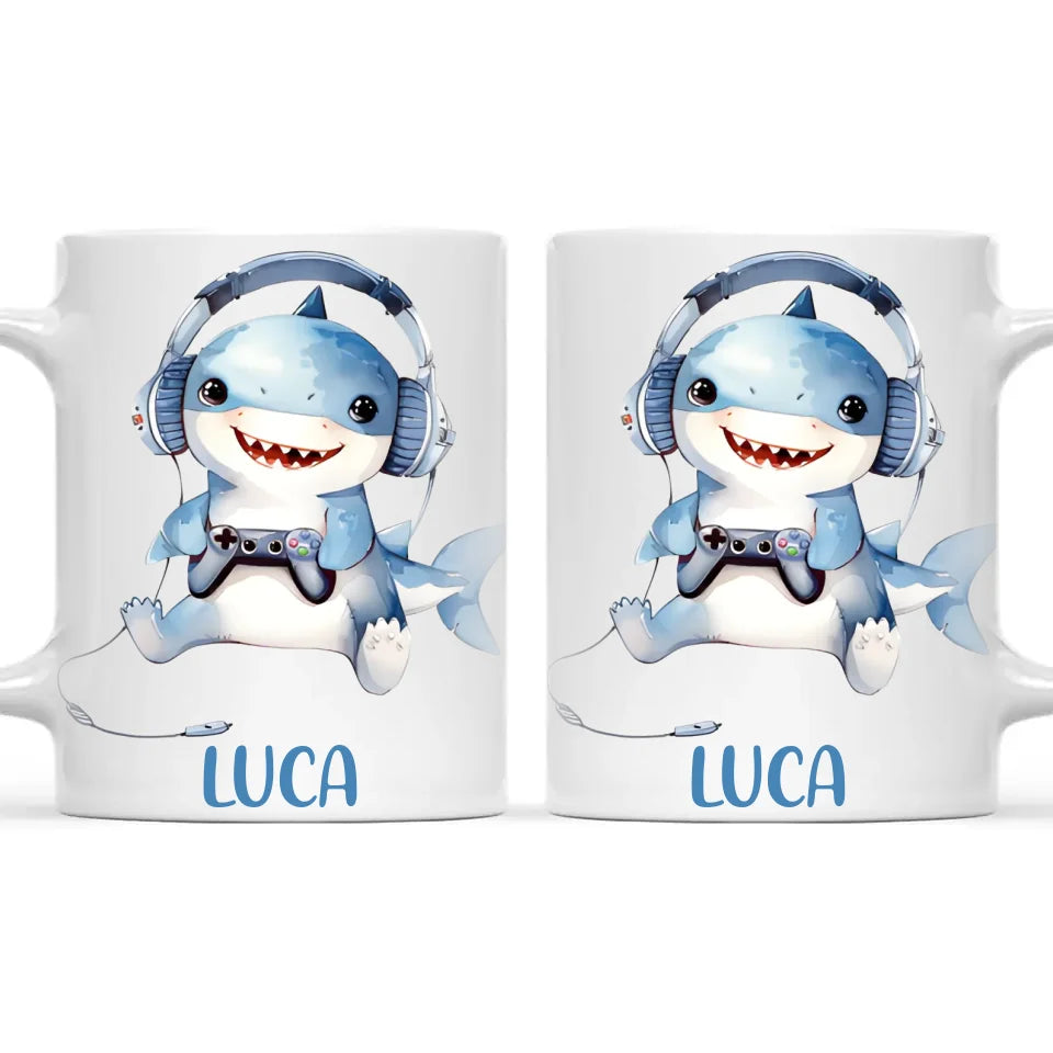 Personalised Gaming Shark Kids Cup - Custom Name Cup - 11oz, 6oz or Enamel - Cute Gamer Shark Gift - NZ Made
