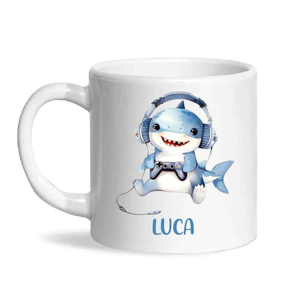 Personalised Gaming Shark Kids Cup - Custom Name Cup - 11oz, 6oz or Enamel - Cute Gamer Shark Gift - NZ Made