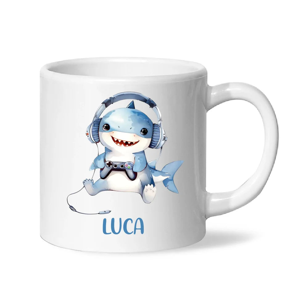 Personalised Gaming Shark Kids Cup - Custom Name Cup - 11oz, 6oz or Enamel - Cute Gamer Shark Gift - NZ Made