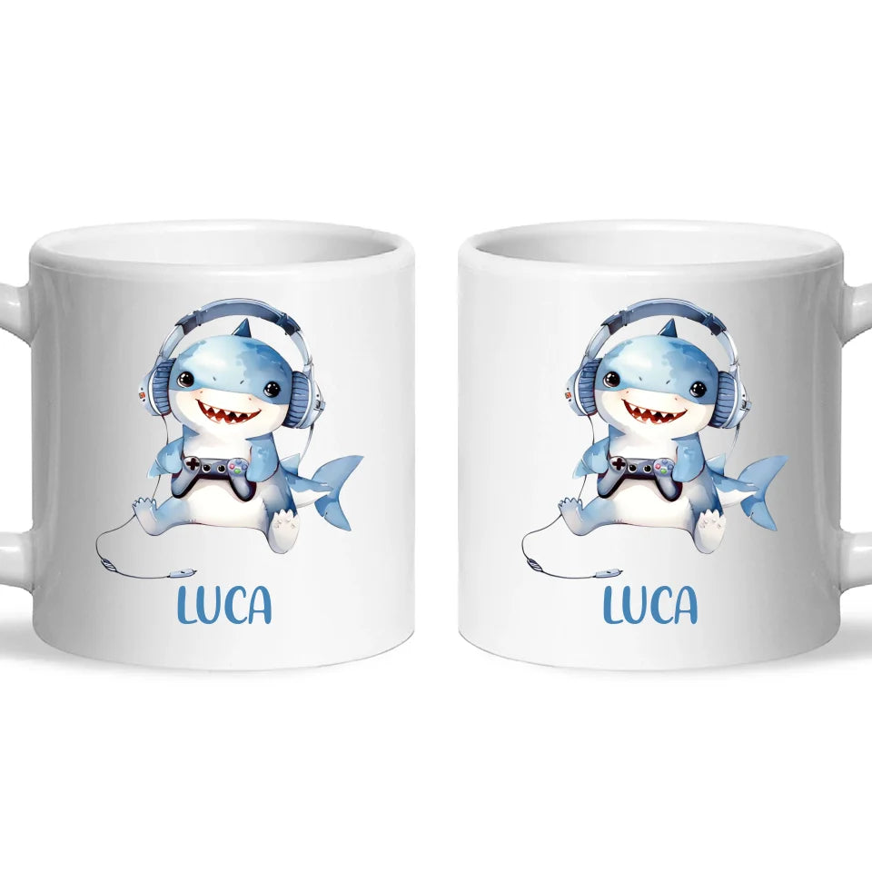Personalised Gaming Shark Kids Cup - Custom Name Cup - 11oz, 6oz or Enamel - Cute Gamer Shark Gift - NZ Made