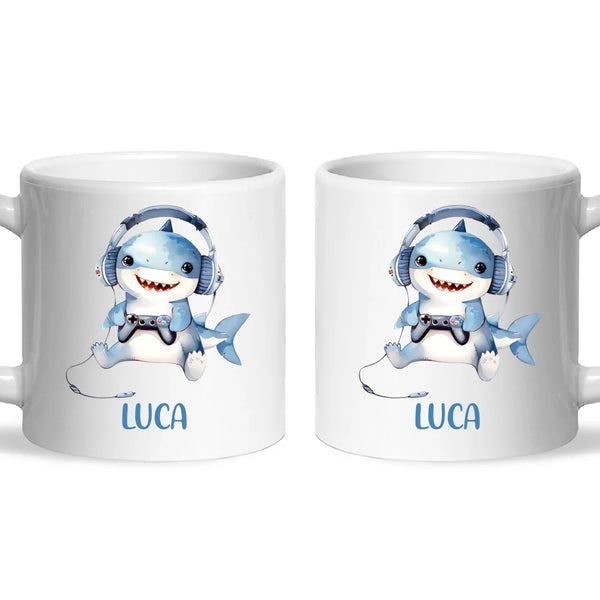 Personalised Gaming Shark Kids Cup - Custom Name Cup - 11oz, 6oz or Enamel - Cute Gamer Shark Gift - NZ Made