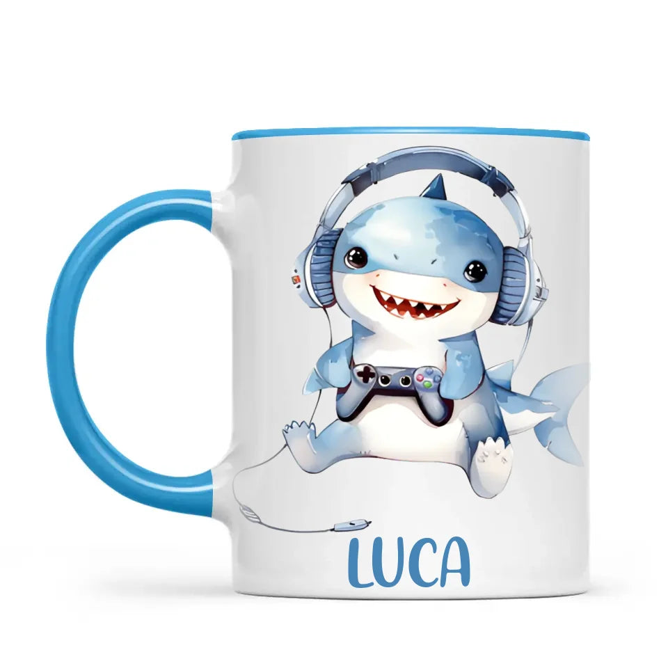 Personalised Gaming Shark Kids Cup - Custom Name Cup - 11oz, 6oz or Enamel - Cute Gamer Shark Gift - NZ Made