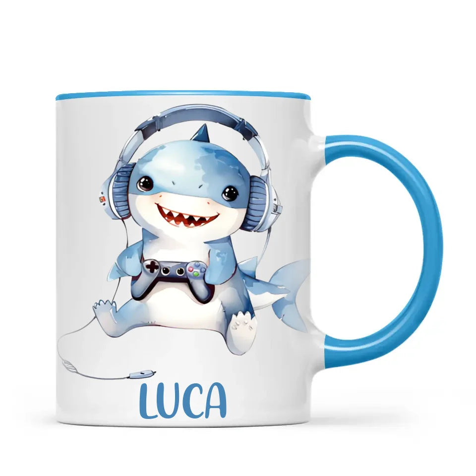 Personalised Gaming Shark Kids Cup - Custom Name Cup - 11oz, 6oz or Enamel - Cute Gamer Shark Gift - NZ Made