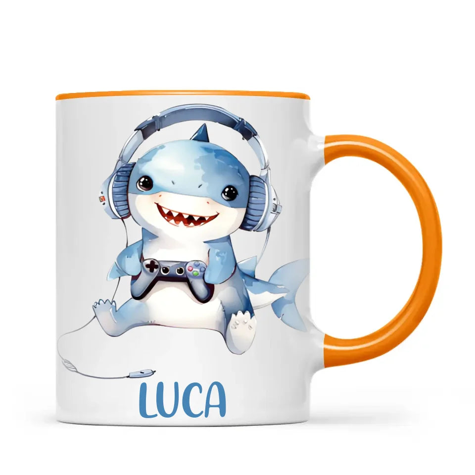 Personalised Gaming Shark Kids Cup - Custom Name Cup - 11oz, 6oz or Enamel - Cute Gamer Shark Gift - NZ Made