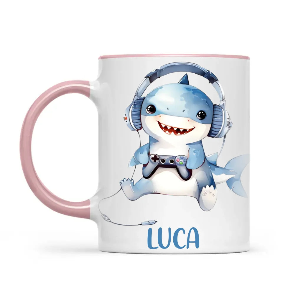 Personalised Gaming Shark Kids Cup - Custom Name Cup - 11oz, 6oz or Enamel - Cute Gamer Shark Gift - NZ Made