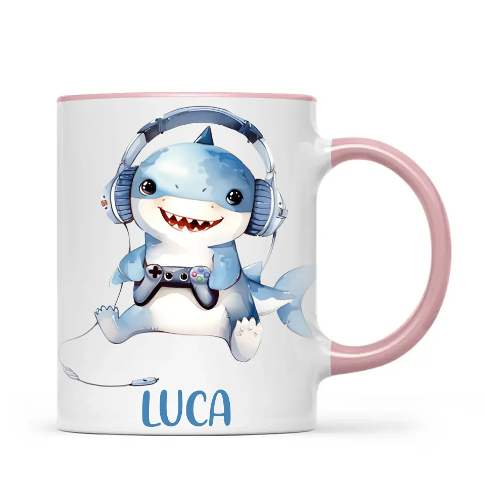 Personalised Gaming Shark Kids Cup - Custom Name Cup - 11oz, 6oz or Enamel - Cute Gamer Shark Gift - NZ Made