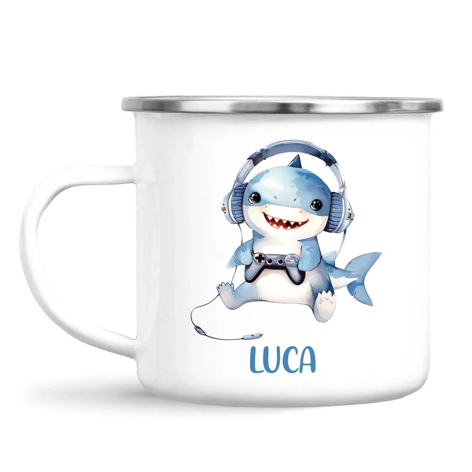 Personalised Gaming Shark Kids Cup - Custom Name Cup - 11oz, 6oz or Enamel - Cute Gamer Shark Gift - NZ Made