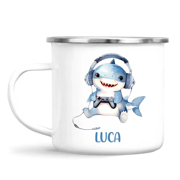 Personalised Gaming Shark Kids Cup - Custom Name Cup - 11oz, 6oz or Enamel - Cute Gamer Shark Gift - NZ Made