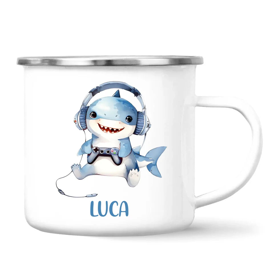 Personalised Gaming Shark Kids Cup - Custom Name Cup - 11oz, 6oz or Enamel - Cute Gamer Shark Gift - NZ Made