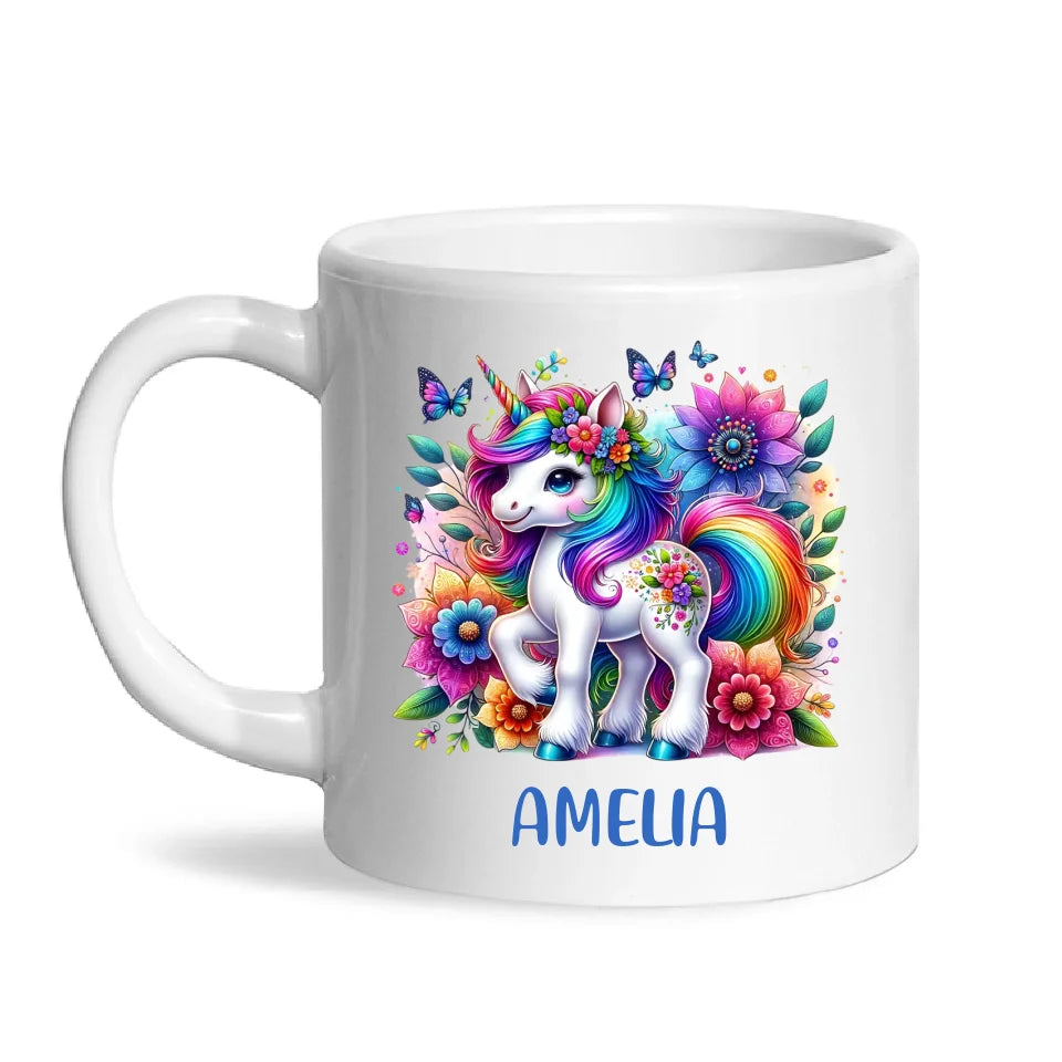 Personalised Rainbow Unicorn Kids Cup - Custom Name Floral Unicorn Mug - 11oz, 6oz or Enamel - Magical Unicorn Gift - NZ Made