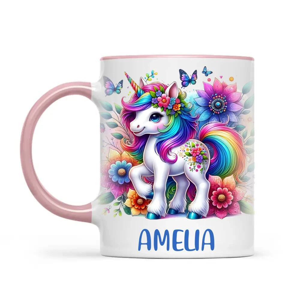 Personalised Rainbow Unicorn Kids Cup - Custom Name Floral Unicorn Mug - 11oz, 6oz or Enamel - Magical Unicorn Gift - NZ Made