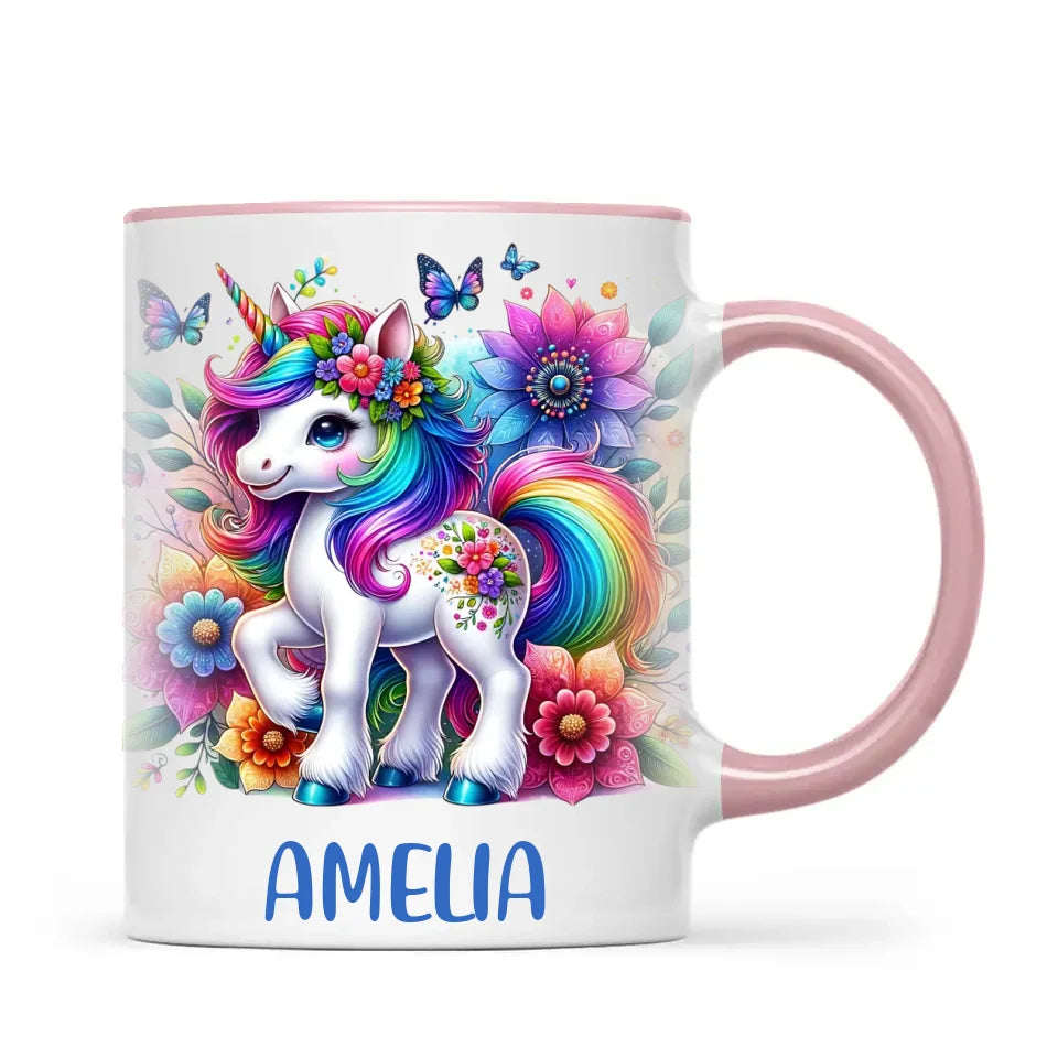 Personalised Rainbow Unicorn Kids Cup - Custom Name Floral Unicorn Mug - 11oz, 6oz or Enamel - Magical Unicorn Gift - NZ Made